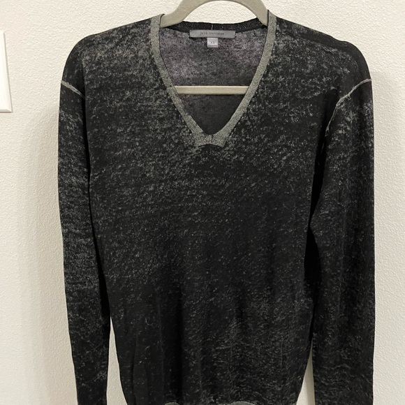 John Varvatos Slim Fit LS 2x1 Rib Linen V-Neck Sweater